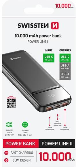 SWISSTEN POWER BANK 10000 mAh POWER LINE II ČERNÁ