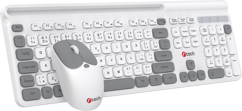 Klávesnice C-TECH Quallis WLKMC-05, bezdrátový combo set s myší, bílá, USB, CZ/SK