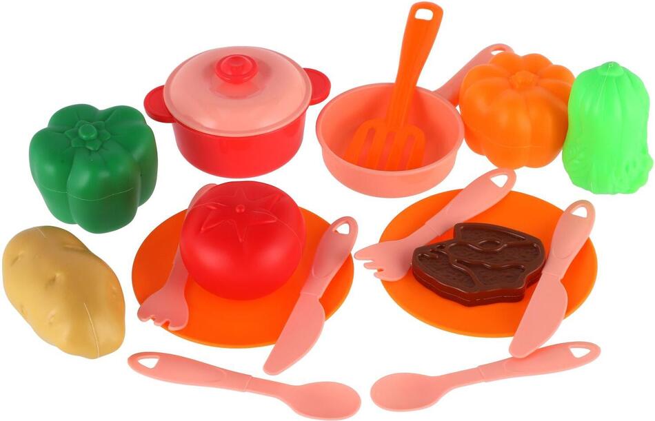 Teddies Sada nádobí v ošatce plast s doplňky v síťce 20x20x7cm