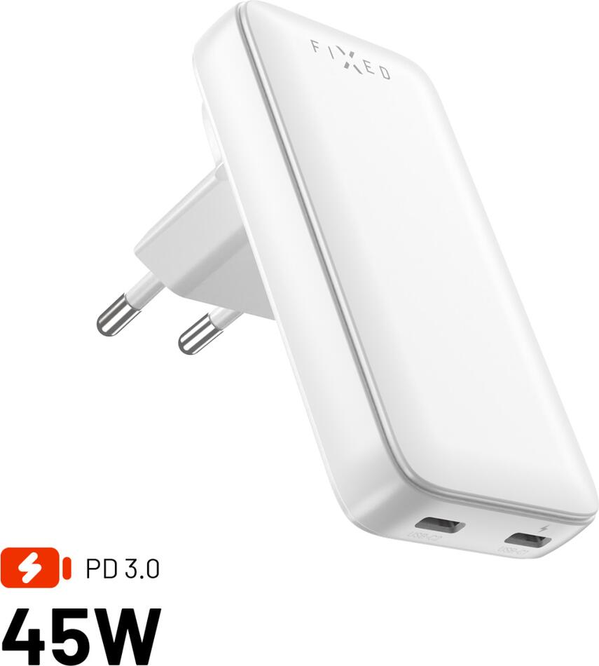 Nabíječka FIXED Slim Traveller s 2x USB-C, 45W, bílá