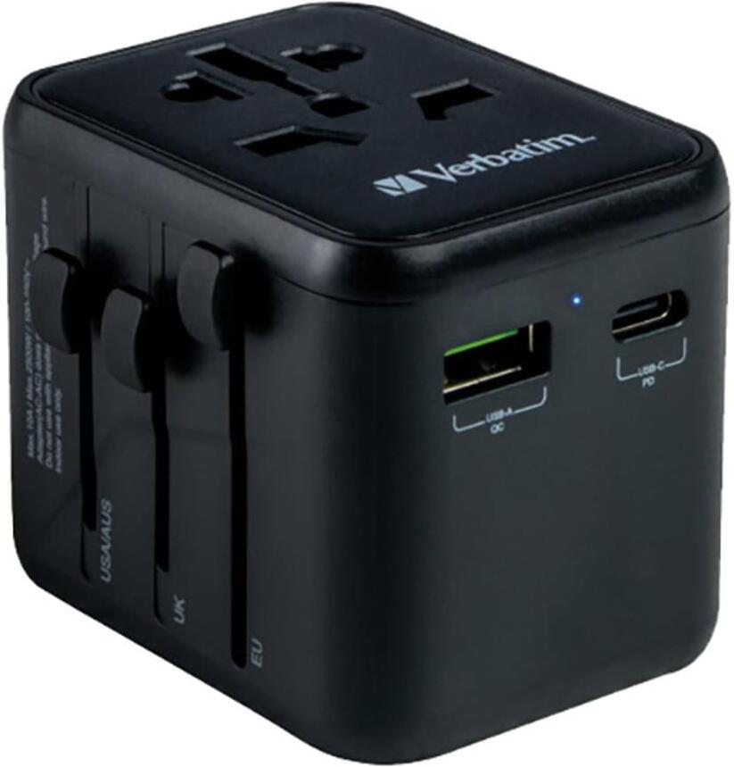 Cestovní adaptér Verbatim USB-C 20W+USB-A 18W Black