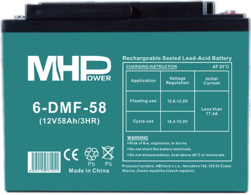 Baterie MHPower 6-DMF-58 Trakční gelová, 12V/58Ah, Terminál D3 - M6, Deep Cycle