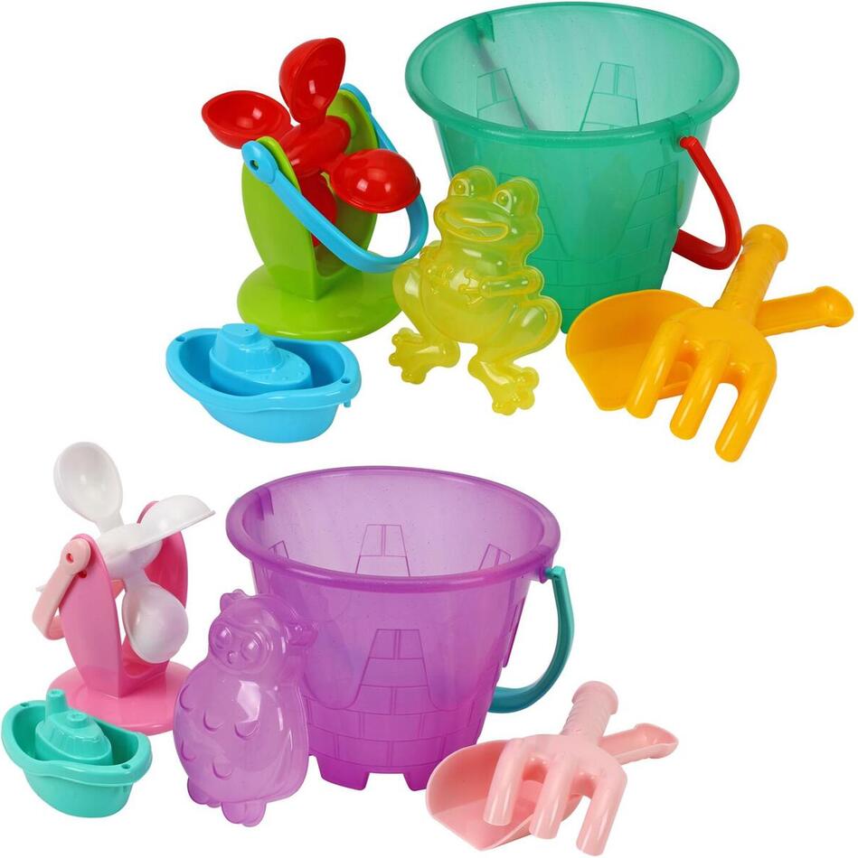 Sada na písek a k vodě Teddies plast, kbelík, mlýnek s doplňky v síťce 20x19cm