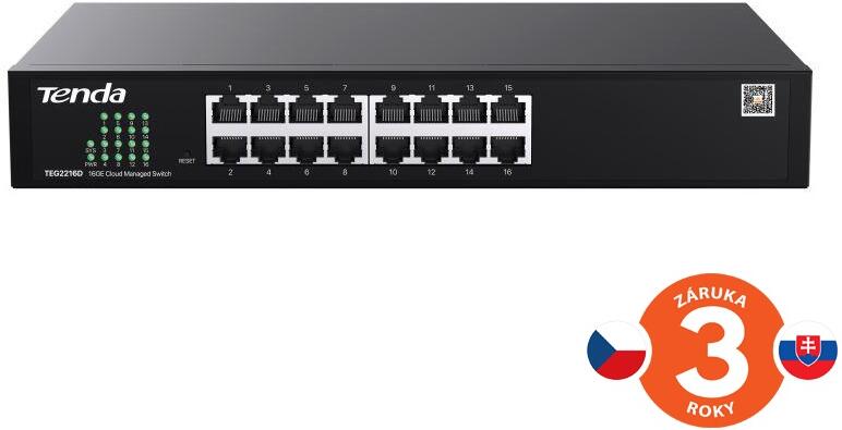 Tenda TEG2216D Websmart L2 cloud managed switch, 16x 10/100/1000 Mbps, Kov, Fanless-bez ventilátorů (75012019)