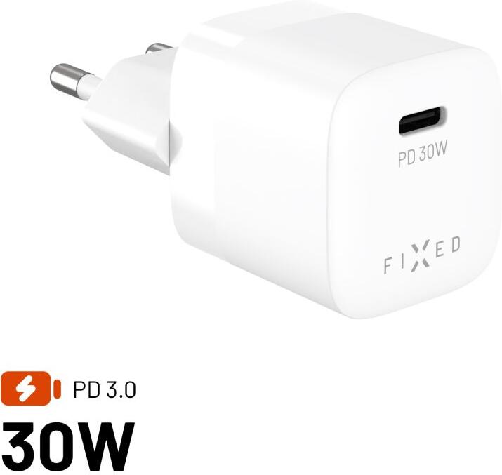 Síťová GaN nabíječka FIXED Mini s USB-C výstupem a podporou PD, 30W, bílá