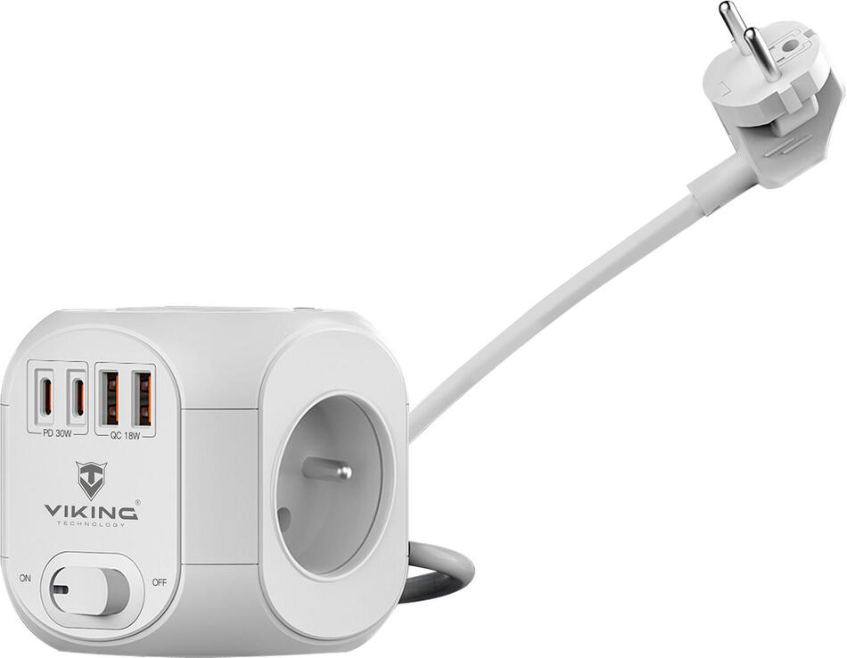 Síťový adaptér Viking AC CUBE PD30/Output: 4xAC, 2xUSB-A, 2xUSB-C/výkon až 3500W/ ON/OFF tlačítko (VACCUBEPD30)