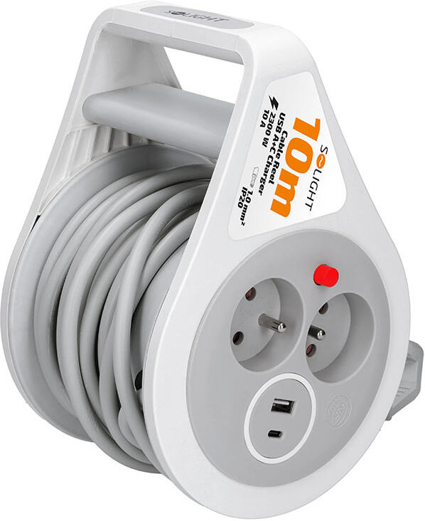 Prodlužovací přívod na bubnu Solight 10 m, šedý kabel