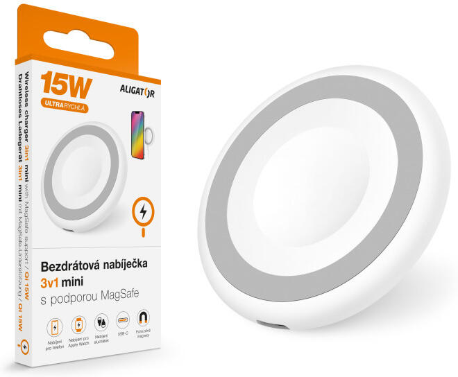 Bezdrátová nabíječka ALIGATOR MagSafe 3v1 mini 15W, bílá