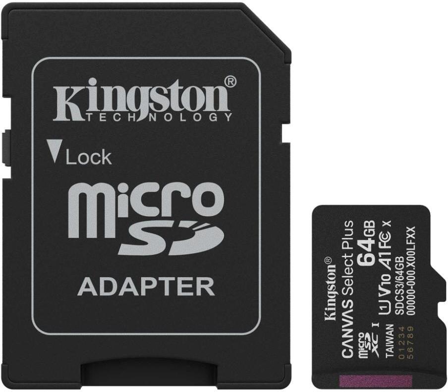 Kingston MicroSDXC karta 64GB Canvas Select Plus, U1, V10, A1, SD Adaptér (SDCS3/64GB)