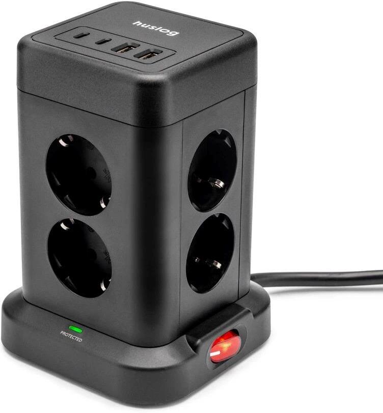 Nabíjecí stanice Huslog OWN000064, 8× zásuvka, 2× USB-C, 2× USB, černá