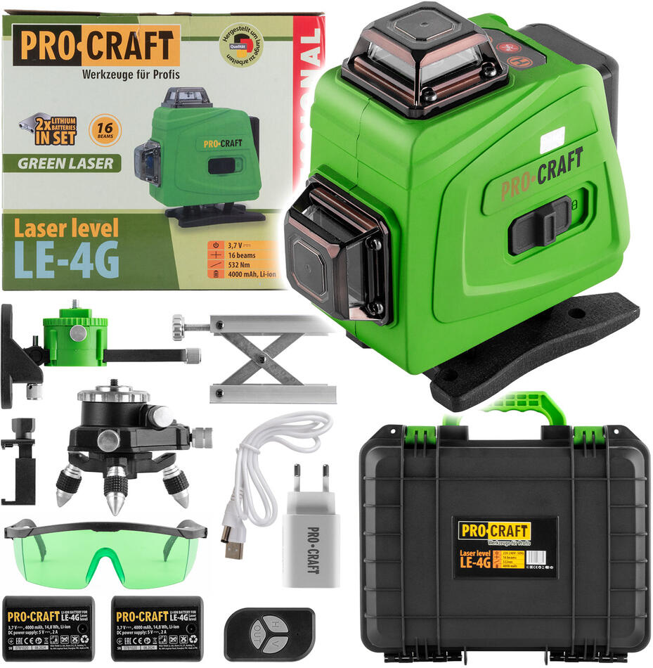 Laser zelený liniový, křížový samonivelační Procraft LE-4G / LE-4G
