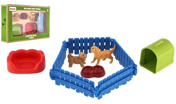 Teddies Pejskové/Pes 2ks s plotem plast s doplňky v krabici 23x14,5x4,5cm