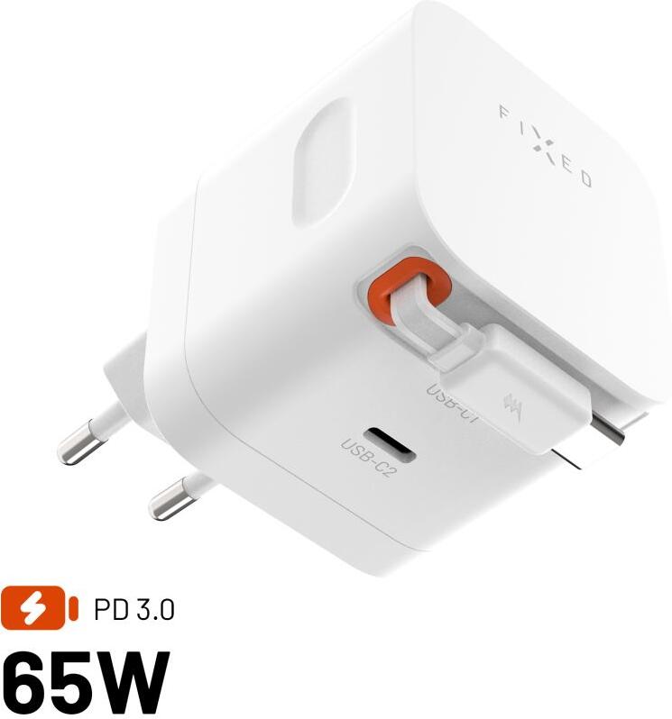 Síťová GaN nabíječka FIXED s 2xUSB-C, podpora PD 3.0, se samonavíjecím kabelem, 65W, bílá