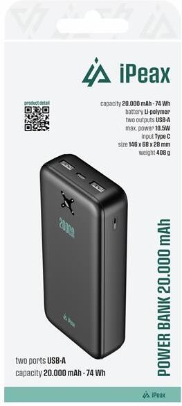 iPEAX POWER BANKA 20000 mAh, 10,5W, 2x USB-A ČERNÁ