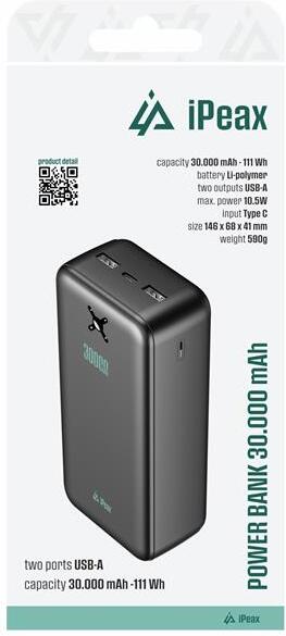 iPEAX POWER BANKA 30000 mAh, 10,5W, 2x USB-A ČERNÁ