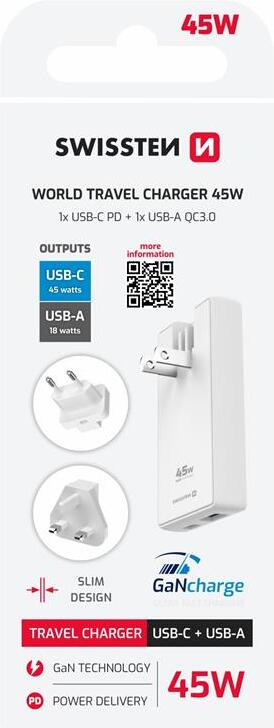 SWISSTEN CESTOVNÍ ADAPTÉR GaN USB-C + USB-A 45W VÝMĚNNÉ VIDLICE (US, EU, UK) BÍLÝ