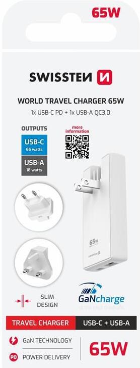 SWISSTEN CESTOVNÍ ADAPTÉR GaN USB-C + USB-A 65W VYMĚNNÉ VIDLICE (US, EU, UK) BÍLÝ