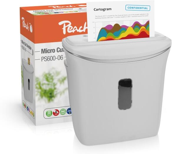 PEACH skartovač Micro Cut PS600-06, P-,5 65dB, 4 listy, autostart, 12 L koš