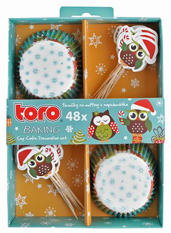 Papírové košíčky na muffiny + napichovátka 24ks TORO vánoční sovy