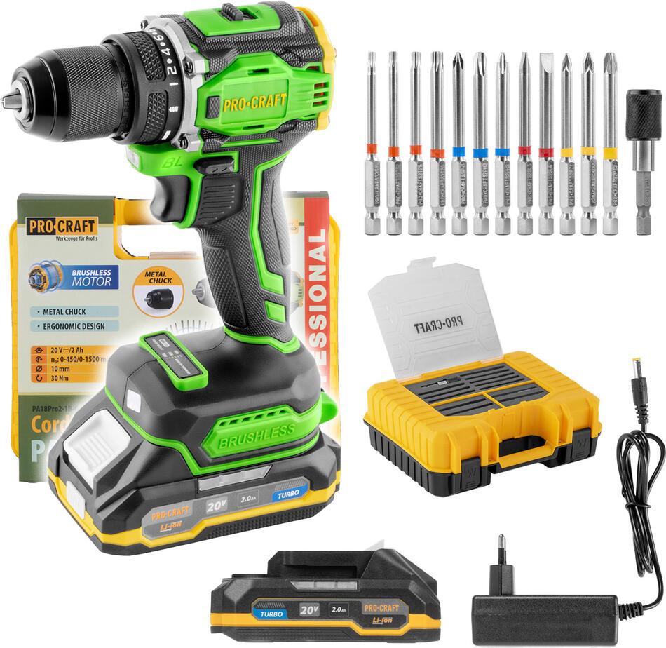 Aku vrtací šroubovák Procraft PA18Pro2 + sada bitů / PA18Pro2-1B-C