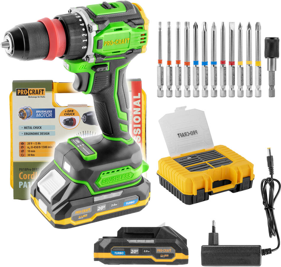Aku vrtací šroubovák Procraft PA18ProDFR2 + sada bitů / PA18ProDFR2-1B-C