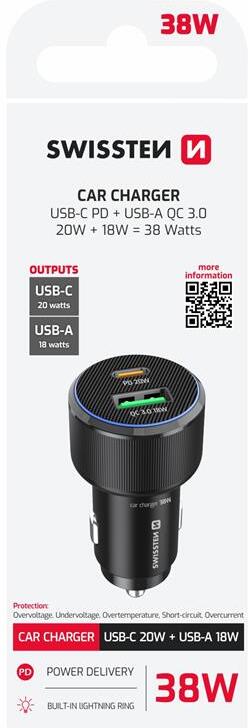 SWISSTEN CL ADAPTÉR USB-C PD + USB-A, 38W ČERNÝ