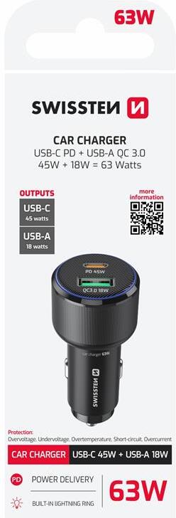 SWISSTEN CL ADAPTÉR USB-C PD + USB-A, 63W ČERNÝ