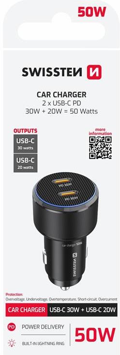 SWISSTEN CL ADAPTÉR 2x USB-C PD, 50W ČERNÝ
