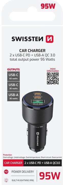 SWISSTEN CL ADAPTÉR 2x USB-C PD + USB-A, 95W ČERNÝ