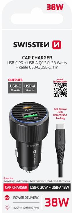 SWISSTEN CL ADAPTÉR USB-C PD + USB-A, 38W ČERNÝ + KABEL USB-C / USB-C, 1 M