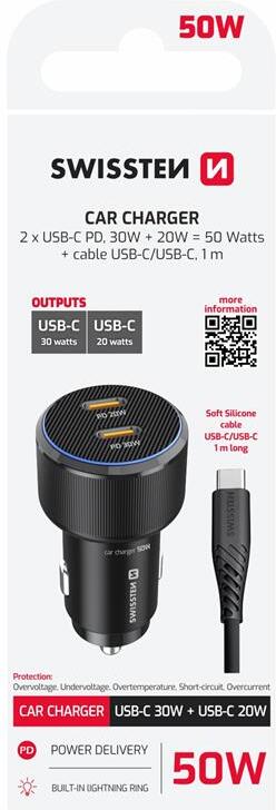 SWISSTEN CL ADAPTÉR 2x USB-C PD, 50W ČERNÝ + KABEL USB-C / USB-C, 1 M