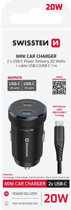 SWISSTEN CL ADAPTÉR 2x USB-C PD, 20W ČERNÝ + KABEL USB-C / USB-C, 1 M