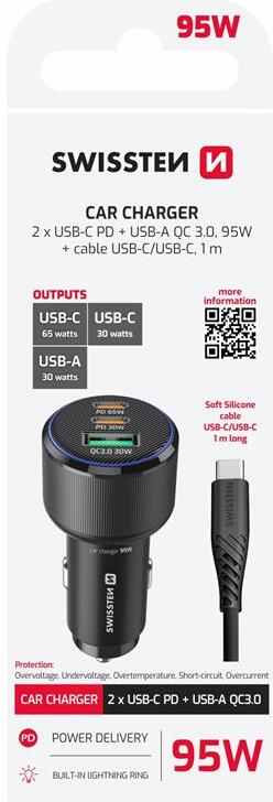 SWISSTEN CL ADAPTÉR 2x USB-C PD + USB-A, 95W ČERNÝ + KABEL USB-C / USB-C, 1 M