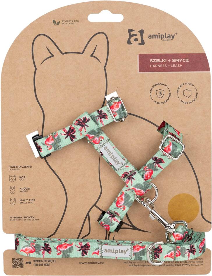 Amiplay Kšíry pro kočku s vodítkem BeHappyCat Flamingo - M