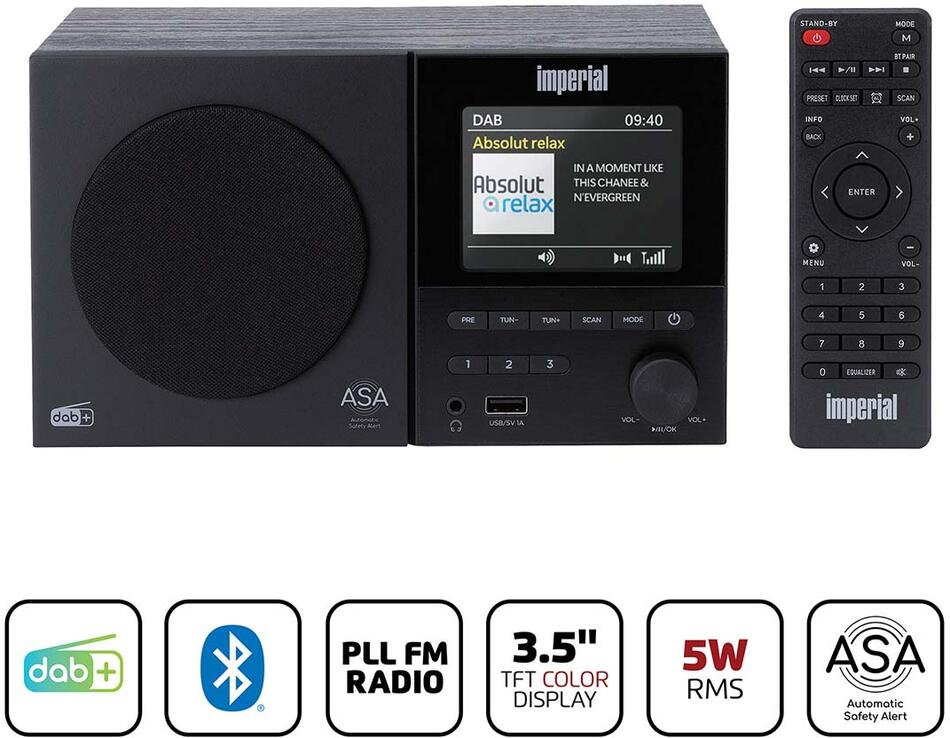 Rádio DAB+/FM mono s funkcí Bluetooth®, USB a ASA Imperial DABMAN-120BK