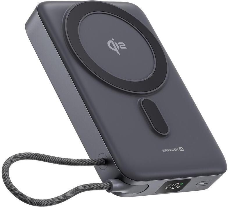 SWISSTEN POWER BANK MagSafe Qi2 10000 mAh 15W S INTEGROVANÝM KABELEM USB-C ČERNÁ