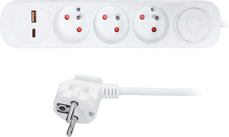 Solight prodlužovací přívod 3 zásuvky, USB A+C 20W PD, 5m, 3 x 1mm2, bílý, vypínač