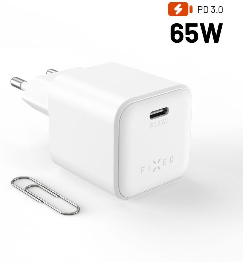 Síťová GaN nabíječka FIXED Mini s USB-C výstupem a podporou PD, 65W, bílá