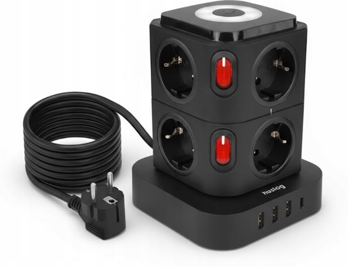 Nabíjecí stanice Huslog 15W 8xzásuvka, 1xUSB-C, 3xUSB, 1x LED světlo černá