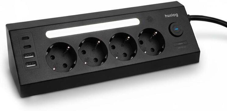 Nabíjecí stanice Huslog 15W 4xzásuvka, 2xUSB-C, 2xUSB, 1x LED světlo černá