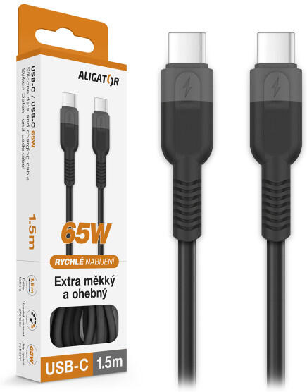 Datový kabel ALIGATOR SoftPastels 3A 65W, USB-C/USB-C, černý
