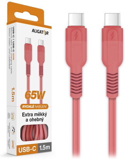 Datový kabel ALIGATOR SoftPastels 3A 65W, USB-C/USB-C, růžový