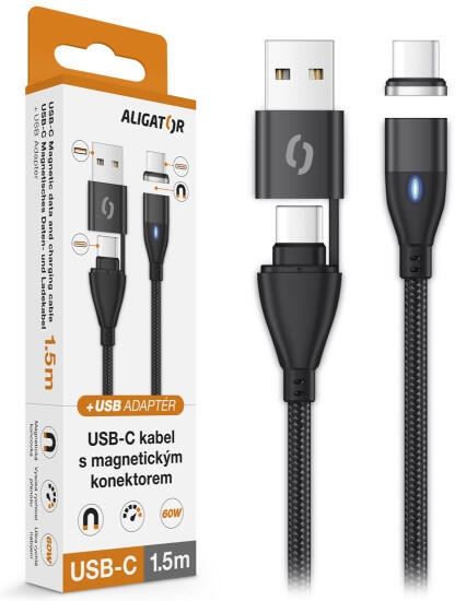 Datový kabel ALIGATOR MAGNETIC 3A 65W, USB-C+USB/USB-C 1,5m