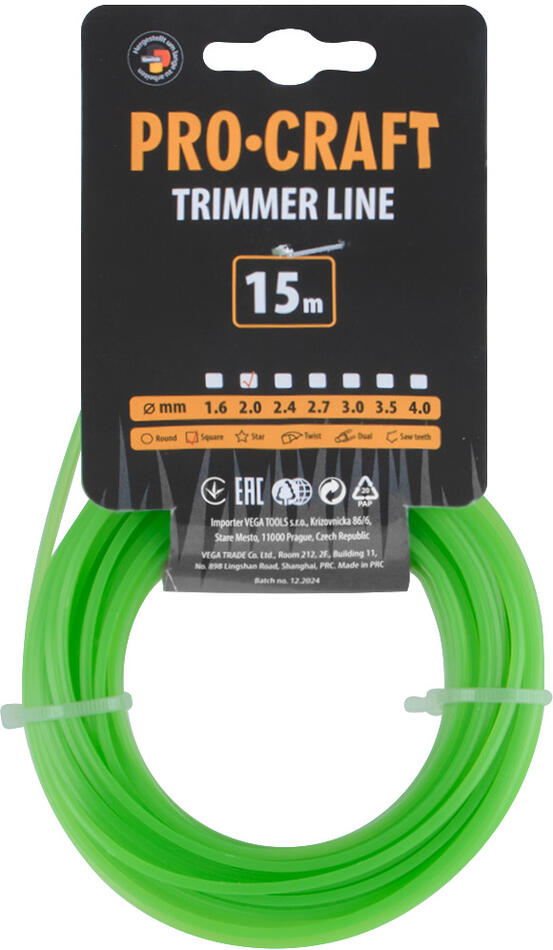 Struna žací (2mm) (15m) čtverec Procraft KV-2/15 / KV-2/15