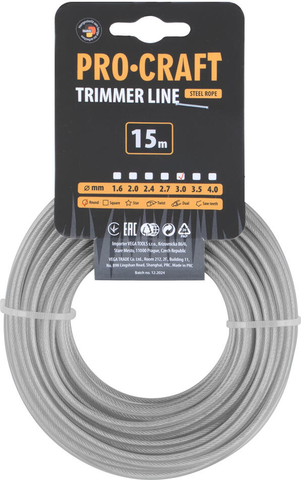 Struna žací zesílená (3mm) (15m) kulatá Procraft KR/AR-3/15 / KR/AR-3/15