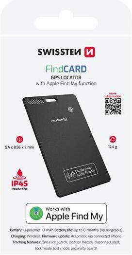 SWISSTEN FIND CARD CHYTRÝ LOKÁTOR S FUNKCÍ APPLE FIND MY ČERNÝ
