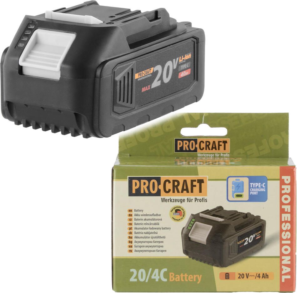 Baterie akumulátorová 20V Li-ion, 4000mAh USB Type C Procraft 20/4C / 20/4C