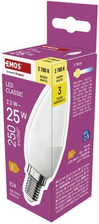 Emos LED žárovka Classic svíčka / E14 / 2,2 W (25 W) / 250 lm / teplá bílá (ZQ3E01)