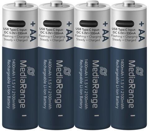 Baterie AA MediaRange nabíjecí USB-C Li-Ion , 1,5V, 1400 mAh, 4ks