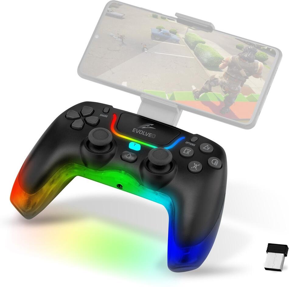 EVOLVEO Ptero2, bezdrátový & drátový gamepad pro PC, PS3/4/5, iOS, Android, Switch, černý (PTERO2-BK)